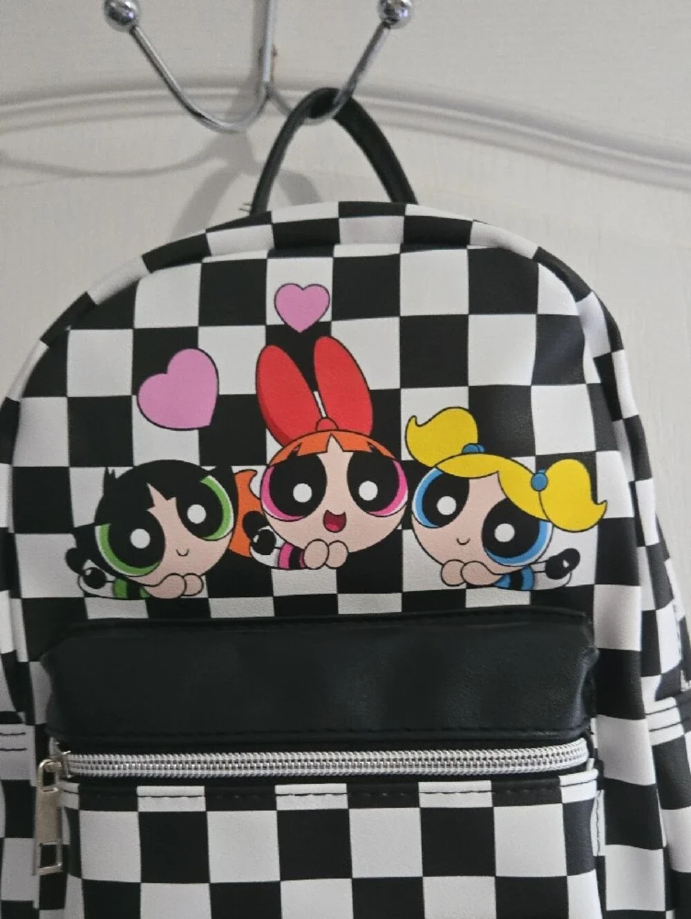 Kids Black & White Checkerboard Backpack with Pink, Red & Yellow Powerpuff Girls